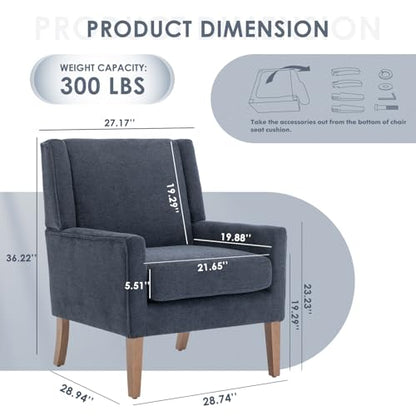 Modern Wingback Living Room Chair, Upholstered Fabric Accent Armchair, Single Sofa Chair with Lounge Seat and Wood Legs for Bedroom/Office/Reading Spaces, Blue