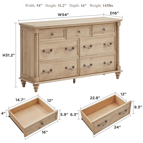 Farmhouse 7-Drawer Dresser with Solid Wood Feet, Natural Oak, view 3