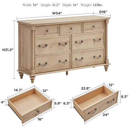Farmhouse 7-Drawer Dresser with Solid Wood Feet, Natural Oak, view 3