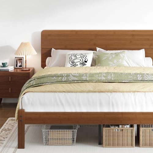 14" Queen Size Bamboo Wood Platform Bed Frame with Headboard, Brown, view 2