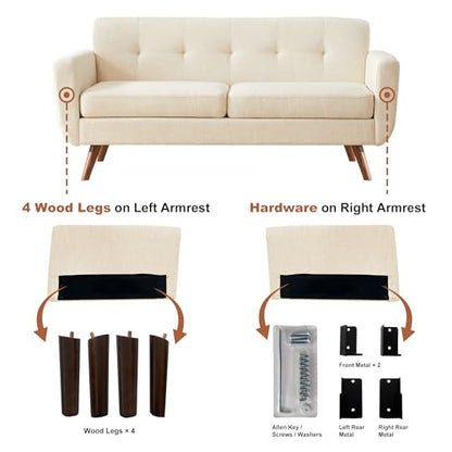 65" W Loveseat Sofa, Mid Century Modern Decor Love Seat Couches for Living Room, Button Tufted Upholstered Small Couch for Bedroom, Solid and Easy to Install Love Seats Furniture, Beige
