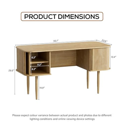 55" Modern Writing Desk with Sliding Doors, Wood Home Office Desk with Storage, Computer Desk for Study, Living Room, Dorm, Natural