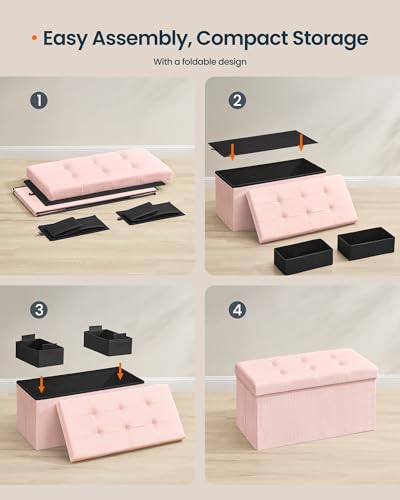 Ottoman with Storage, Removable Lid, Folding Storage Chest, Easy Assembly, for Entryway, Bedroom, Living Room, 15.2 x 30.2 x 15.2 Inches, Corduroy, Light Pink