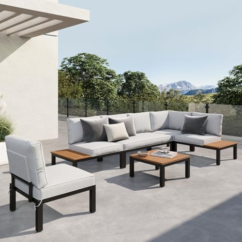 6 Pieces Patio Furniture Set with Cushion, Metal Outdoor Sectional Sofa, Patio Conversation Sets with Wood Side Table, Modular Outdoor Seating Furniture for Backyard Deck Front Porch