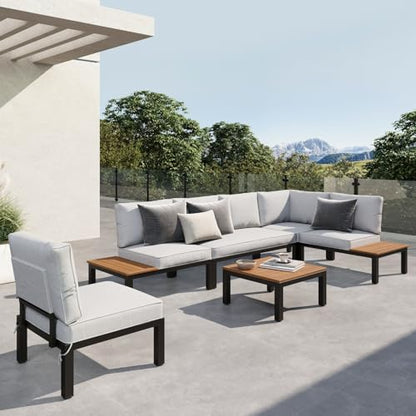 6 Pieces Patio Furniture Set with Cushion, Metal Outdoor Sectional Sofa, Patio Conversation Sets with Wood Side Table, Modular Outdoor Seating Furniture for Backyard Deck Front Porch