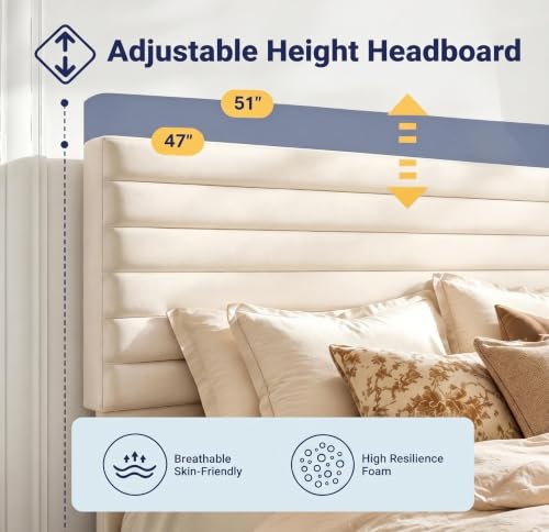 Full Bed Frame, Velvet Upholstered Bed with Adjustable Headboard, view 5