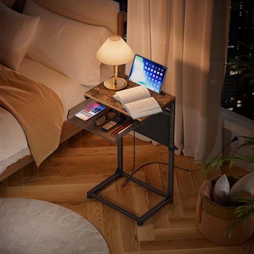Side Table, C Shaped End Table with Charging Station, Couch Table with Storage Bag, Adjustable Height, Rustic Brown