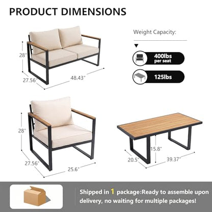 Modern Patio Furniture Set, 4 Pieces Outdoor Conversation Set with Coffee Table, Metal Patio Furniture with 4" Washable Foam Cushions, Ships in 1 Box, Beige