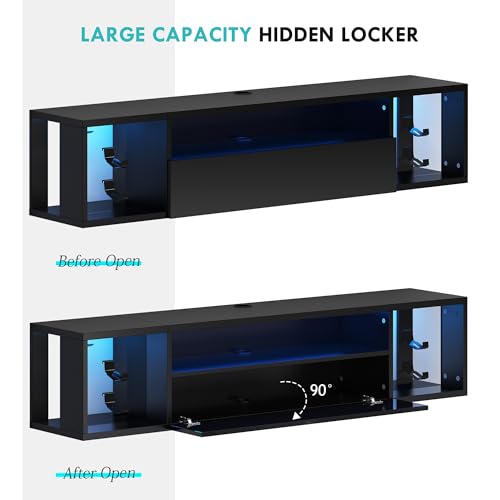 55 Inch Wall Mounted Floating TV Stand with LED Lights & Shelves, view 8