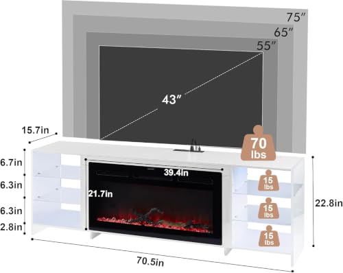 70.5" Electric Fireplace TV Stand for 75" TV with LED Storage, White, view 4