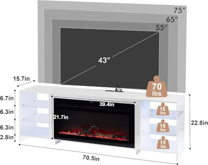 70.5" Electric Fireplace TV Stand for 75" TV with LED Storage, White, view 4