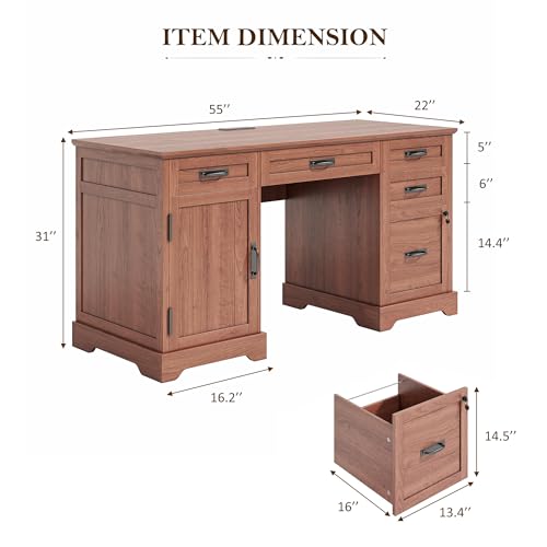 55'' Farmhouse Desk Home Office with Drawers, Brown, view 3