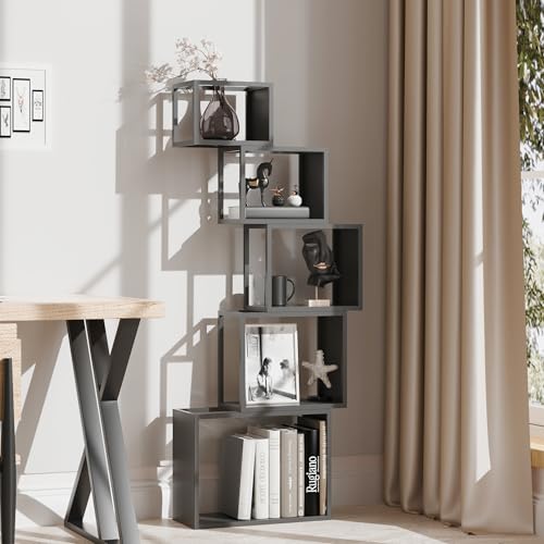 5-Tier Black Unique Metal Bookshelf – 49.2" Modern Bookcase for Books, CDs, view 8