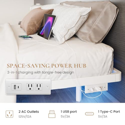 Full Size Floating Bed Frame with Smart LED Lights, White, view 5