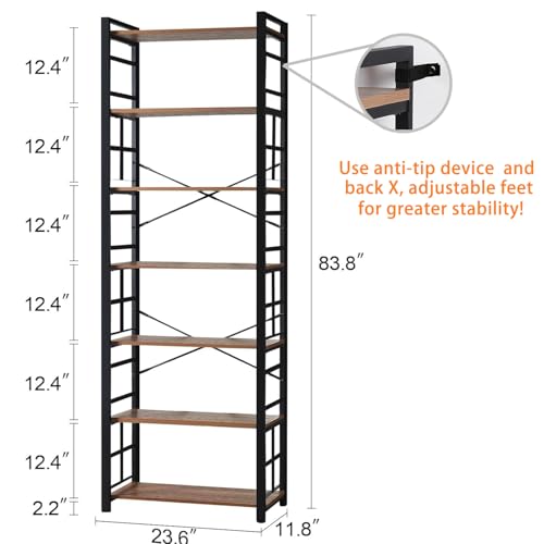 7 Tier Bookshelf,84 inch Tall Industrial Bookcase with Metal Frame and Open Shelves,Rustic Heavy Duty 7 Shelf Bookcase, Office Book Shelves for Living Room and Bedroom,Brown