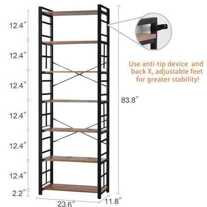 7 Tier Bookshelf,84 inch Tall Industrial Bookcase with Metal Frame and Open Shelves,Rustic Heavy Duty 7 Shelf Bookcase, Office Book Shelves for Living Room and Bedroom,Brown