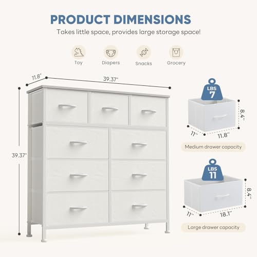 Dresser for Bedroom, Storage Organizer with 9 Drawers, Chest of Drawers with Fabric Bins, Sturdy Metal Frame, Wood Tabletop for Guest Room, Closet, Entryway, White