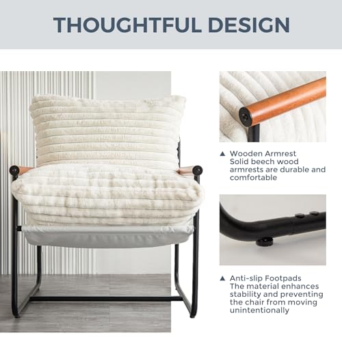 Accent Chair, Sherpa Arm Chair for Living Room, Mid Century Modern Accent Chairs, Boucle Reading Bedroom Chair, Teddy Armchair, Wooden Arms Metal Frame