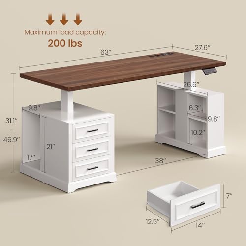 Farmhouse Electric Standing Desk, 63" Height Adjustable Computer Desk with 3 Drawers, Storage Shelves, Power Outlets, Wood Home Office Stand up Desk for Work, Study, Writing, White