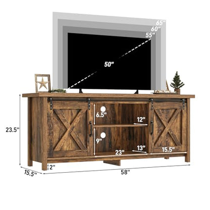 Farmhouse TV Stand for 65 Inch TV with Sliding Barn Door, Rustic Wood Entertainment Center Large Media Console Cabinet Long Television Stands,Console Table and Media Furniture for Living Room(Brown)