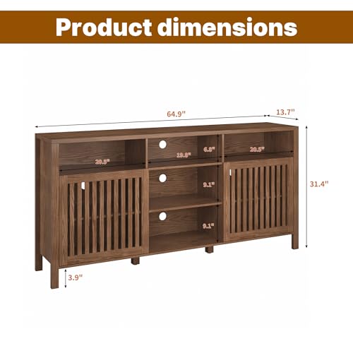 Farmhouse Brown TV Stand with Grille Doors, 5 Open Storage Compartments, view 3