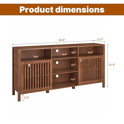 Farmhouse Brown TV Stand with Grille Doors, 5 Open Storage Compartments, view 3