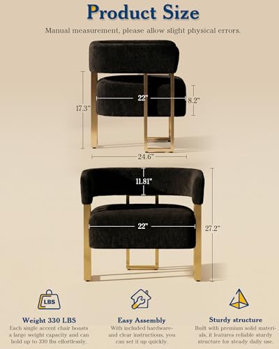 Mid Century Modern Accent Chair Set of 2, Barrel, Black Boucle, Gold Leg