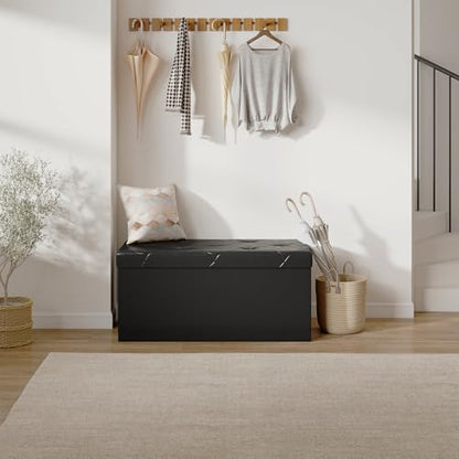 30 Inches Folding Ottoman with Storage Bench, Foot Rest Stool, End of Bed Storage Bench Upholstered, Load 660 lbs, for Living Room, Lychee Grain Leather, Black