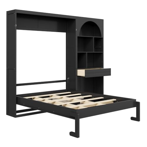 Queen Size Murphy Platform Bed with Side Cabinets, Drawer, Open Shelves | Folding Platform Bed, Murphy Chest Bed Can be Folded into a Cabinet, Multi-function Murphy Wall Bed, Small Room