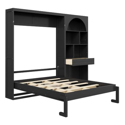 Queen Size Murphy Platform Bed with Side Cabinets, Drawer, Open Shelves | Folding Platform Bed, Murphy Chest Bed Can be Folded into a Cabinet, Multi-function Murphy Wall Bed, Small Room