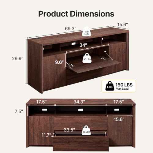 Amada 70" Mid Century TV Stand for TVs Up to 80", Thick TV Console, Walnut, view 3