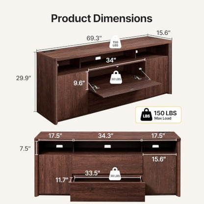 Amada 70" Mid Century TV Stand for TVs Up to 80", Thick TV Console, Walnut, view 3