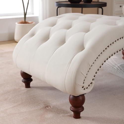 Velvet Tufted Chaise Lounge, Upholstered Sofa Chair with Wood Legs Beige, view 6