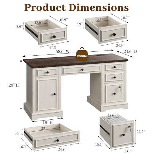 59" Executive Desk, Farmhouse Computer Desk with Drawers, Lockable File Drawer, Storage Cabinet & Power Outlet, Rustic Home Office Desk, Workspace for Work Study Writing, White