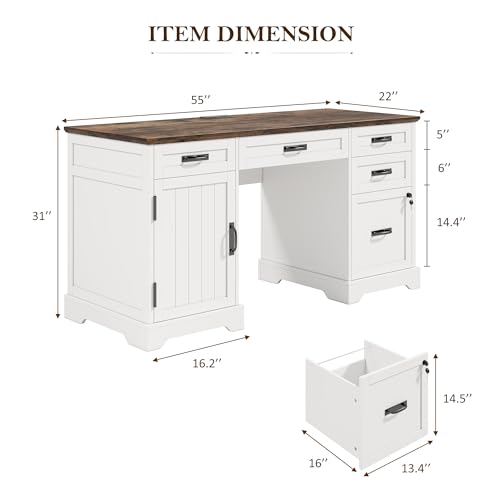 55'' Farmhouse Desk Home Office with Drawers, Executive Computer Desk Wooden with File Cabinet and Charging Station, White
