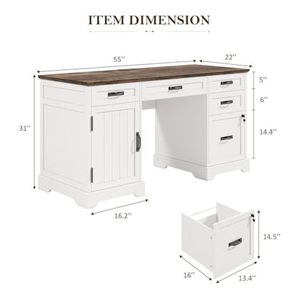 55'' Farmhouse Desk Home Office with Drawers, Executive Computer Desk Wooden with File Cabinet and Charging Station, White