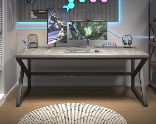 70 Inch Long Grey Desk, Large Home Office Computer Desk for 2 People, Industrial Wood and Metal Executive Work Writing Study Gaming Desk Table, Modern Bedroom Simple PC Laptop Desk Double Desk