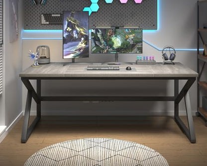 70 Inch Long Grey Desk, Large Home Office Computer Desk for 2 People, Industrial Wood and Metal Executive Work Writing Study Gaming Desk Table, Modern Bedroom Simple PC Laptop Desk Double Desk