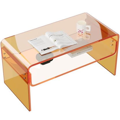 Acrylic Coffee Table, Orange Rectangle Side Table Furniture, Modern Tea Table with Open Storage for Living Room, Office Reception and Bedroom