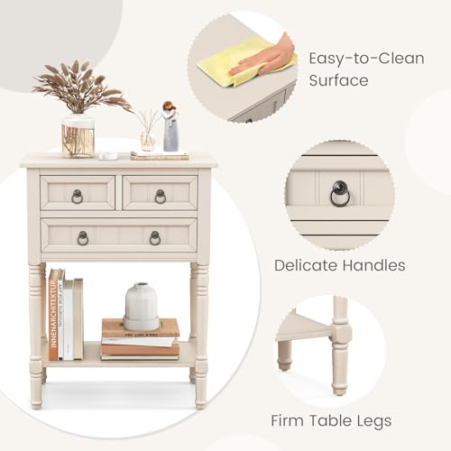 Entryway Table with Storage, Rustic Small Console Table w/ 3 Drawers & Open Bottom Shelf, Skinny Wood Console Table, Narrow Sofa Side Table for Living Room, Foyer, Hallway, Entry Table, Beige