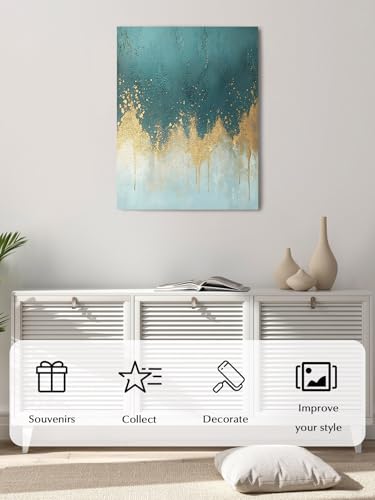NuYeBiofx Abstract Teal Light Blue Color Block Canvas Wall Art Prints,48"x32" Framed Picture Artwork Modern Gold Splicing Art Printed Canvas Oil Painting for Living Room Bedroom Office,Ready to Hang