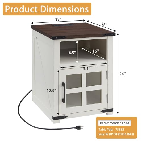 Farmhouse Nightstand with Charging Station, Rustic End Table with Tempered Glass Barn Door, Wood Sofa Side Bedside Table with Open Storage Shelf for Living Room, Bedroom, White