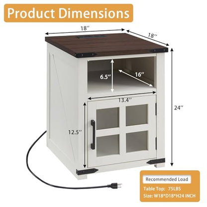 Farmhouse Nightstand with Charging Station, Rustic End Table with Tempered Glass Barn Door, Wood Sofa Side Bedside Table with Open Storage Shelf for Living Room, Bedroom, White