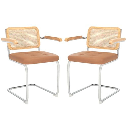 SAFAVIEH Furniture - Coralia Set of 2 Modern Coastal Dining Arm Chairs - Cognac Faux Leather, Natural Rattan & Chrome Cantilever Seating, 19.3" Seat Height (DCH1102A-SET2)