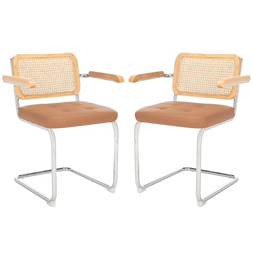 SAFAVIEH Furniture - Coralia Set of 2 Modern Coastal Dining Arm Chairs - Cognac Faux Leather, Natural Rattan & Chrome Cantilever Seating, 19.3" Seat Height (DCH1102A-SET2)
