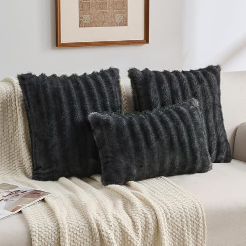 Pack of 2 Faux Mink Fur Throw Pillow Covers 24x24 Inch Soft Fluffy Dyeing Striped Textured Farmhouse Decorative European Cushion Case Modern Home Decor for Couch Bed Living Room, Dark Grey