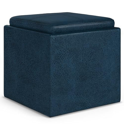 Rockwood Cube Storage Ottoman with Tray - 17" Wide x 17" High Upholstered Vegan Leather Square Storage Ottoman in Distressed Dark Blue, Contemporary Cube Ottoman with Serving Tray