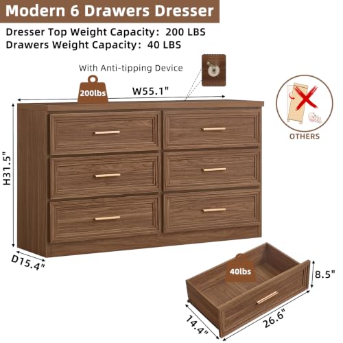 55.1" Wide Farmhouse 6 Drawers Dresser for Bedroom, Light Walnut, view 3