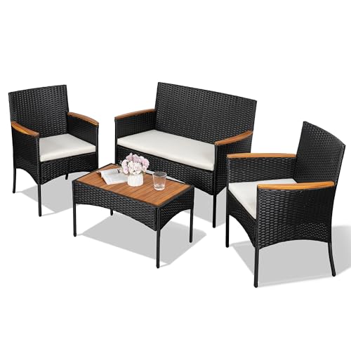 4-Piece Patio Furniture Set, Outdoor Wicker Patio Conversation Furniture Set with Cushions and Wooden Tabletop for Paito Lawn Backyard Pool Garden, Black Rattan