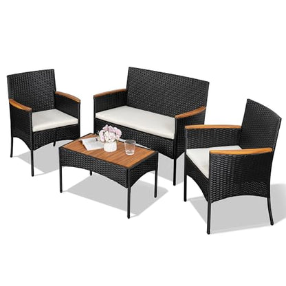 4-Piece Patio Furniture Set, Outdoor Wicker Patio Conversation Furniture Set with Cushions and Wooden Tabletop for Paito Lawn Backyard Pool Garden, Black Rattan